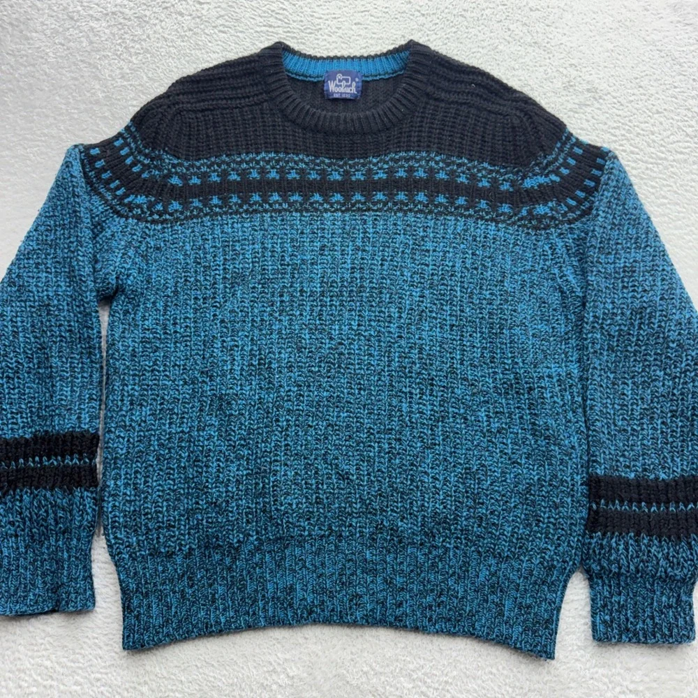 Woolrich Mens Blue Black Fair Isle Chunky Knit Crewneck Sweater Vintage‎ Large